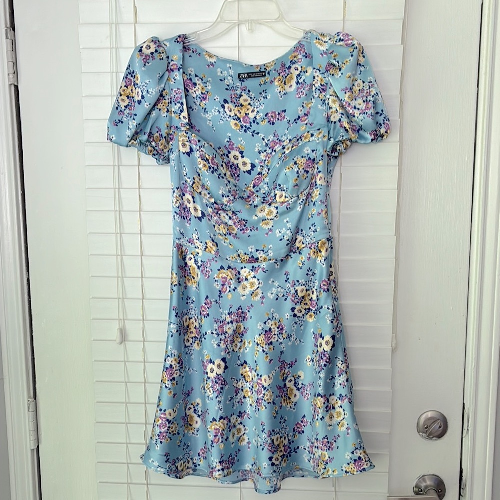 Zara Bustier Dress Satin Floral Mini Sky Blue SZ M